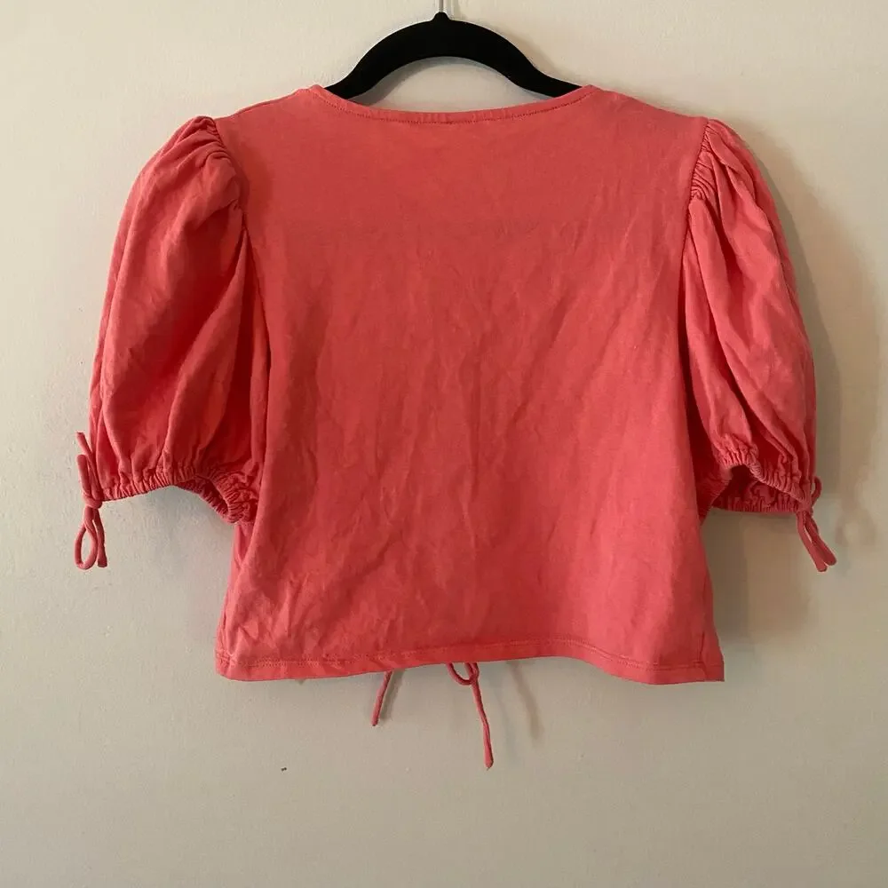 Free People Hot Pink Kitty Tee Puff Sleeve Cropped Tie Blouse Women's size XS